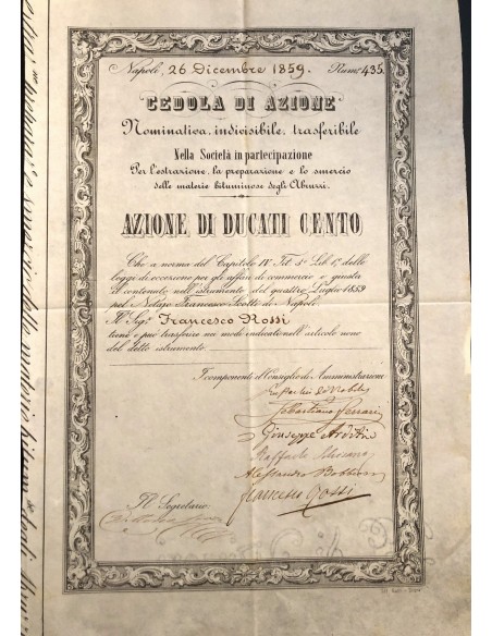 SOC. IN PART. PER L'ESTRAZIONE, LA PREPARAZIONE E LO SMERCIO DELLE MATERIE BITUMINOSE DEGLI ABRUZZI - NAPOLI 1859