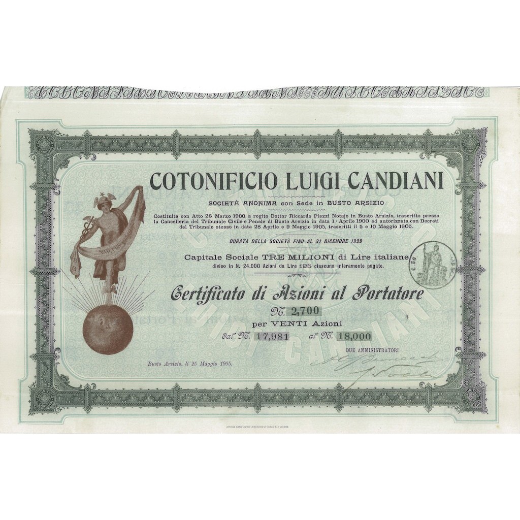 COTONIFICIO LUIGI CANDIANI - 20 AZIONI BUSTO ARSIZIO 1905