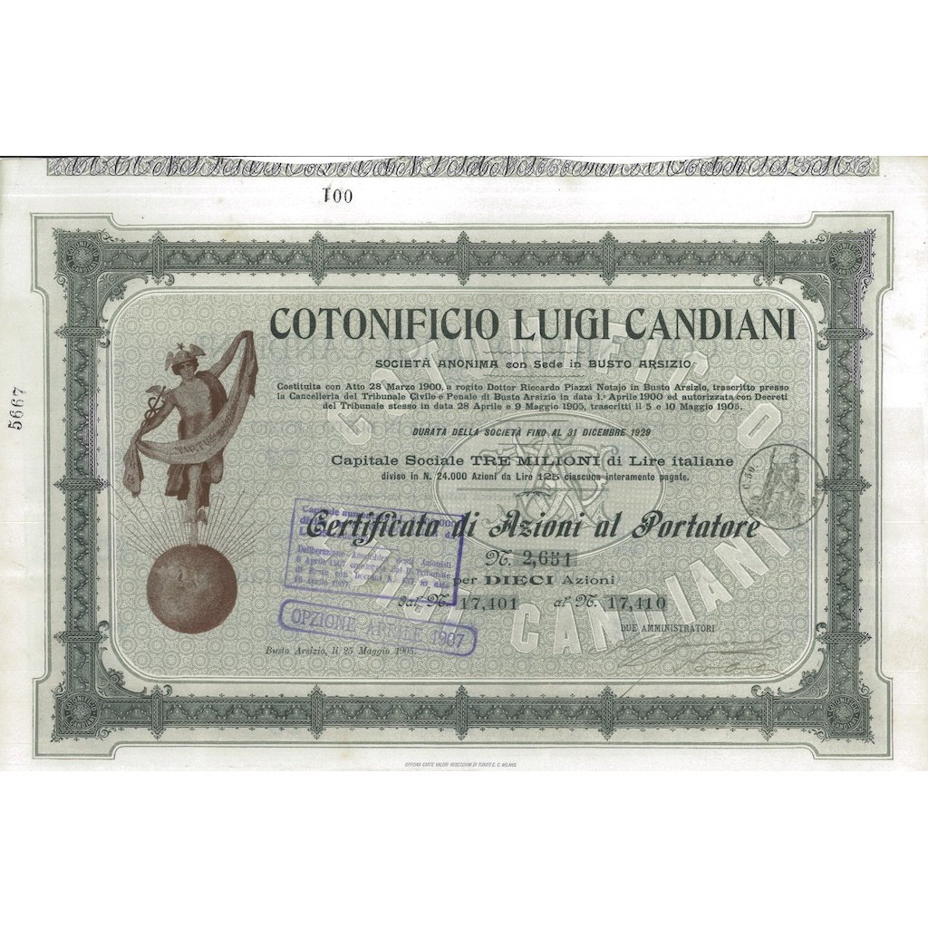 COTONIFICIO LUIGI CANDIANI - 10 AZIONI BUSTO ARSIZIO 1905