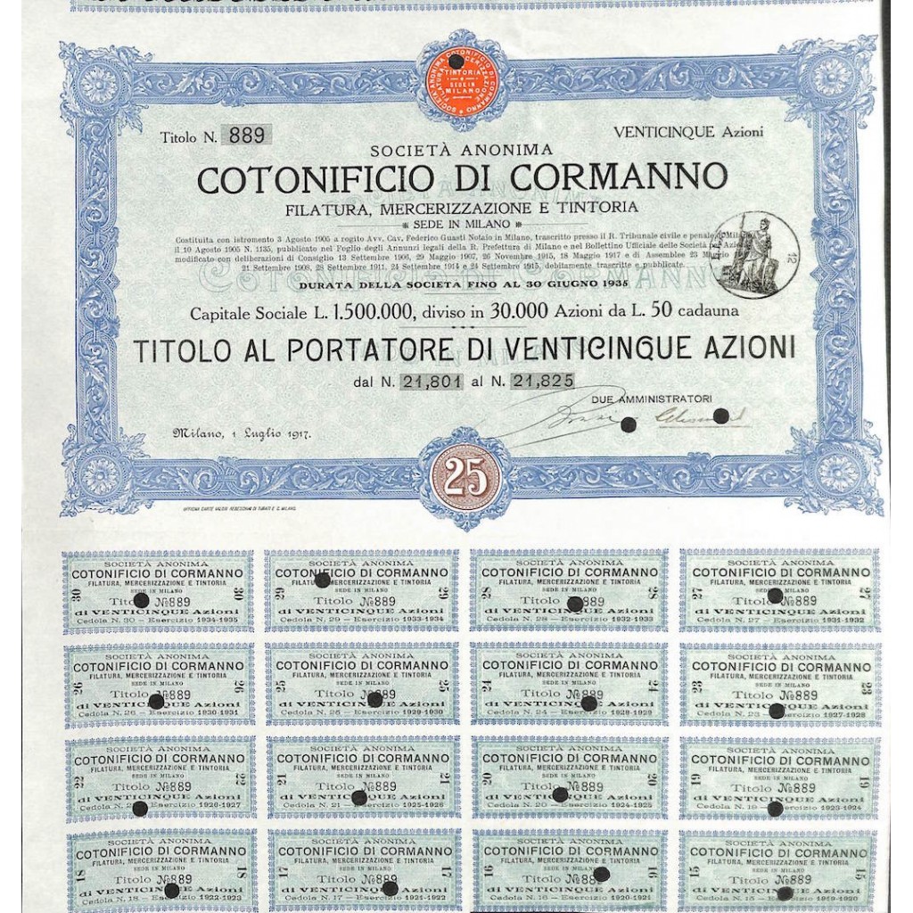 SOC. ANON. COTONIFICIO DI CORMANNO - 25 AZIONI MILANO 1917