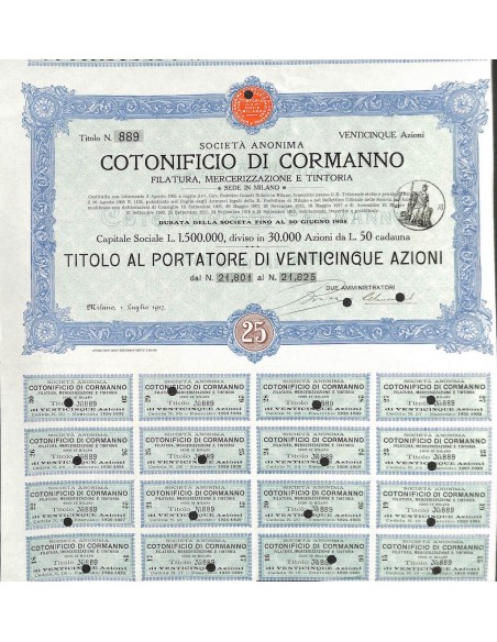 SOC. ANON. COTONIFICIO DI CORMANNO - 25 AZIONI MILANO 1917