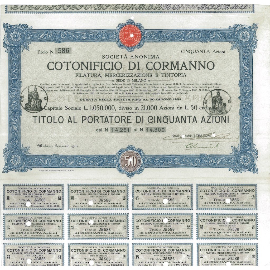SOC. ANON. COTONIFICIO DI CORMANNO - 50 AZIONI MILANO 1916