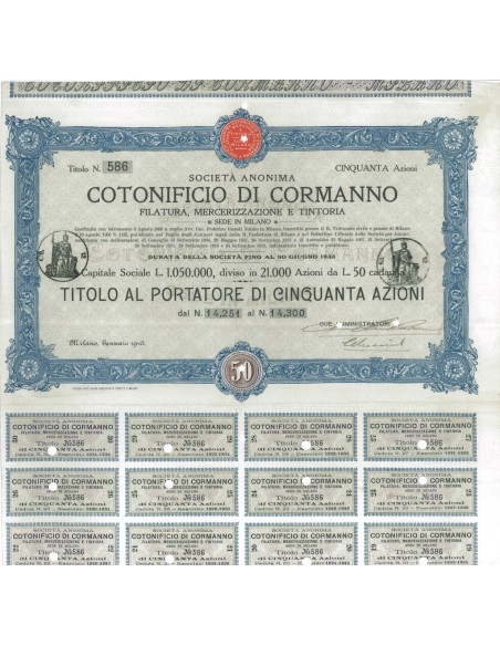 SOC. ANON. COTONIFICIO DI CORMANNO - 50 AZIONI MILANO 1916