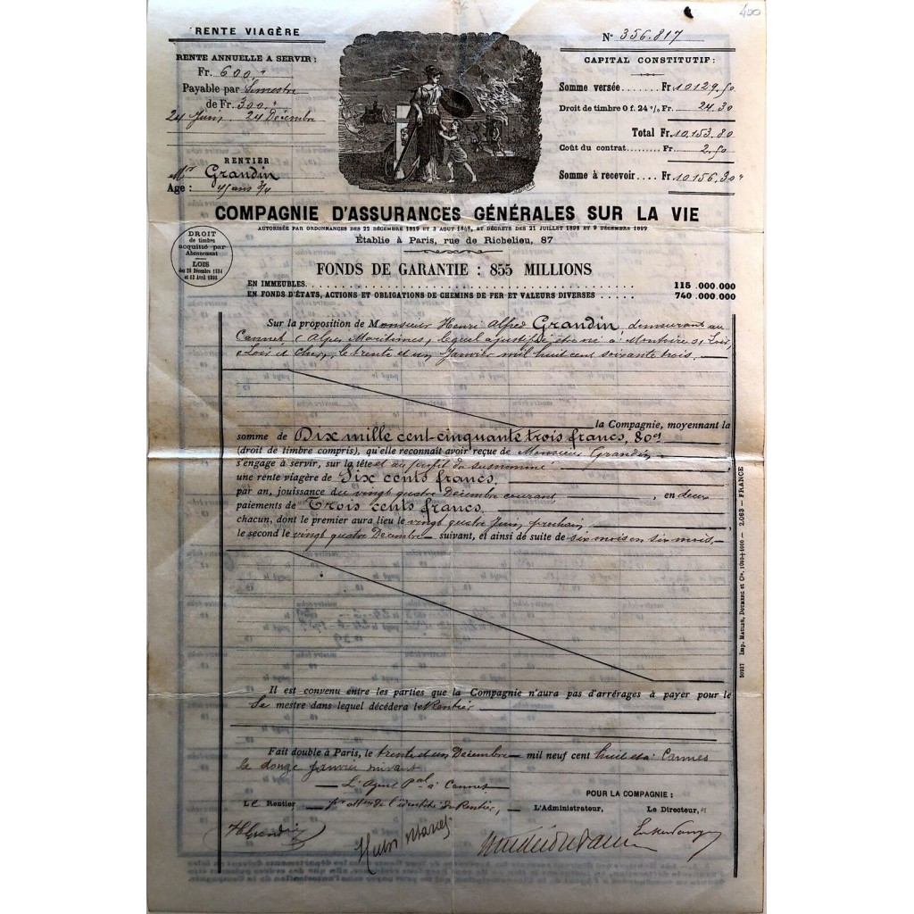 1908 - COMPAGNIE D'ASSURANCES GÉNÉRALES SUR LA VIE