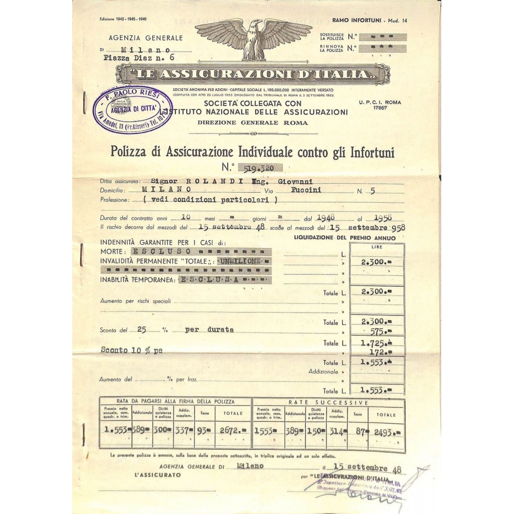 1948 - LE ASSICURAZIONI D'ITALIA - POLIZZA DI...
