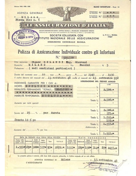 1948 - LE ASSICURAZIONI D'ITALIA - POLIZZA DI ASS. INDIV. CONTRO GLI INFORTUNI