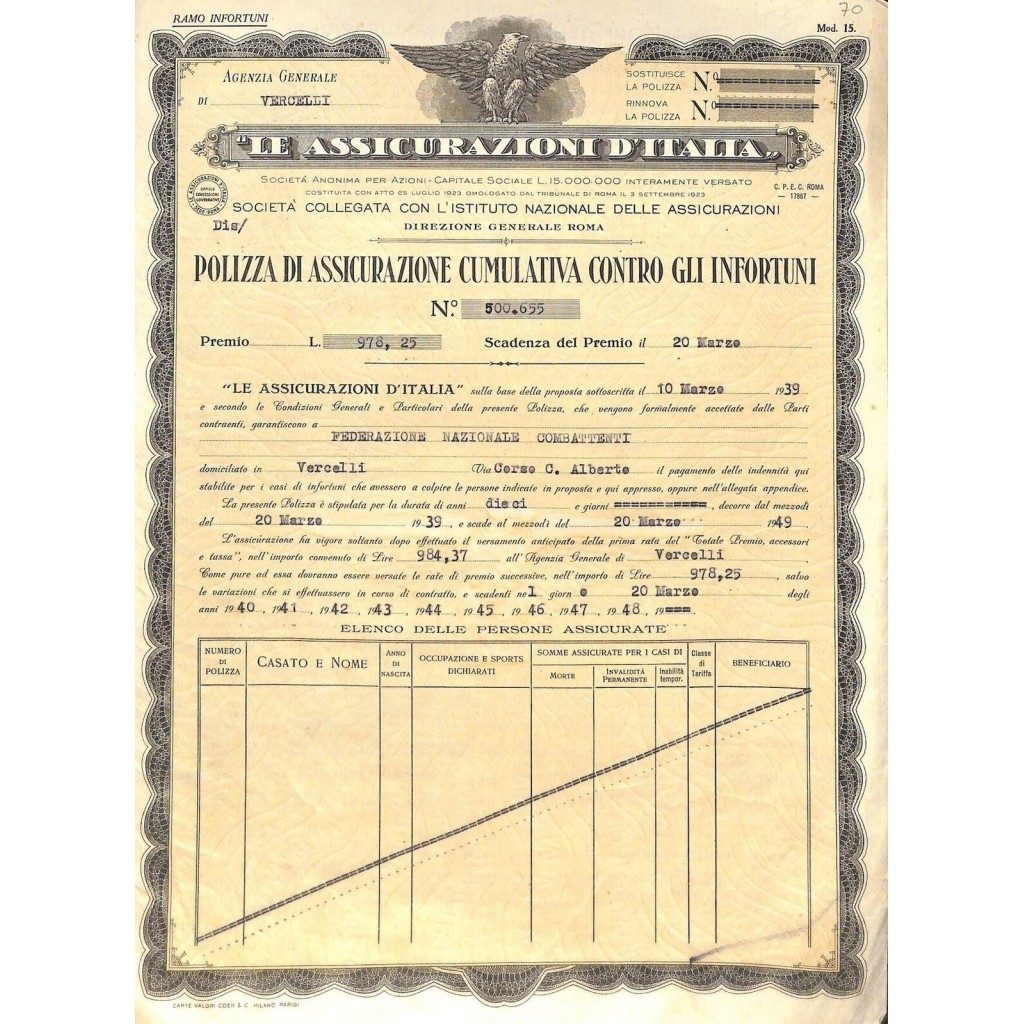 1939 - LE ASSICURAZIONI D'ITALIA - POLIZZA DI...