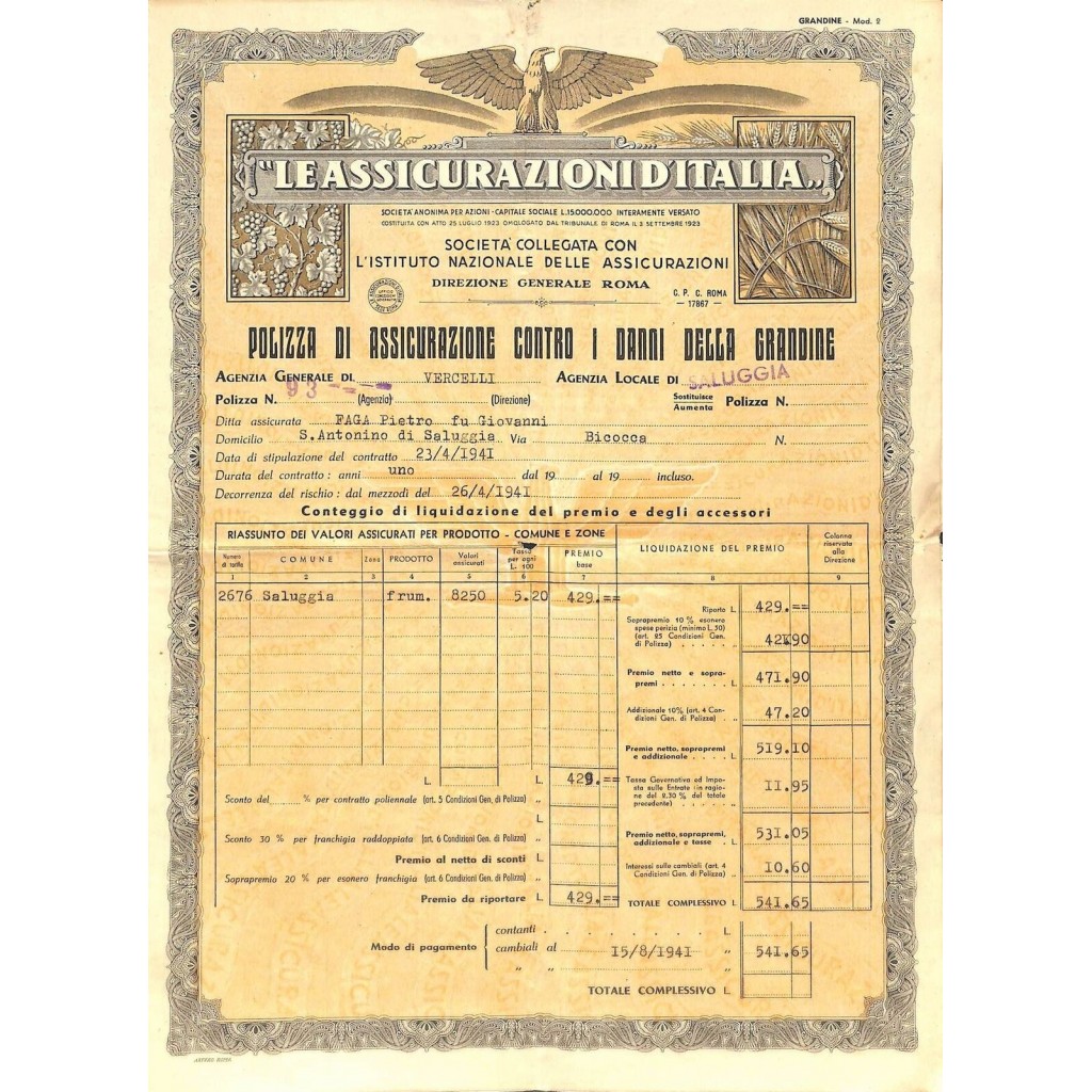 1941 - LE ASSICURAZIONI D'ITALIA - POLIZZA DI...