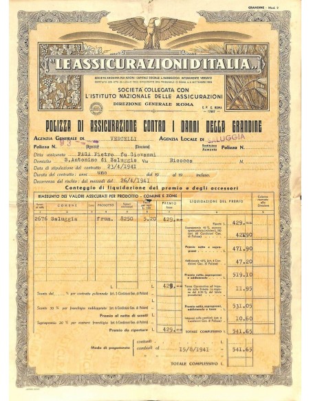 1941 - LE ASSICURAZIONI D'ITALIA - POLIZZA DI ASS. CONTRO I DANNI DELLA GRANDINE