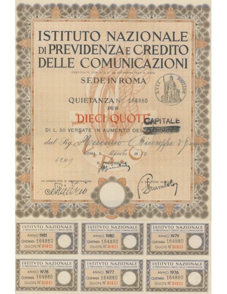 ISTITUTO NAZIONALE DI PREVIDENZA E CREDITO DELLE COMUNICAZIONI 10 QUOTE ROMA 1954