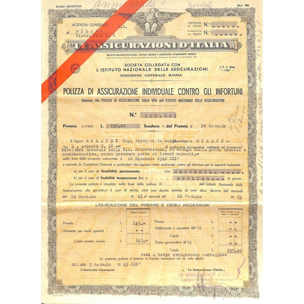 1943 - LE ASSICURAZIONI D'ITALIA - POLIZZA DI...