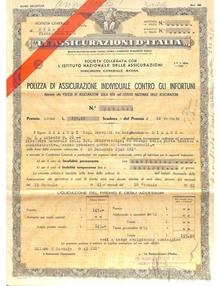 1943 - LE ASSICURAZIONI D'ITALIA - POLIZZA DI ASS. INDIV. CONTRO GLI INFORTUNI