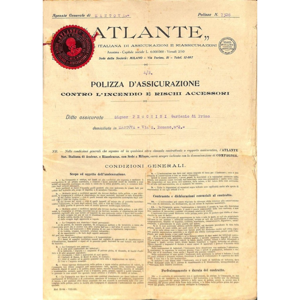 1921 - ATLANTE - SOC. ITAL. DI ASSICURAZIONI E...