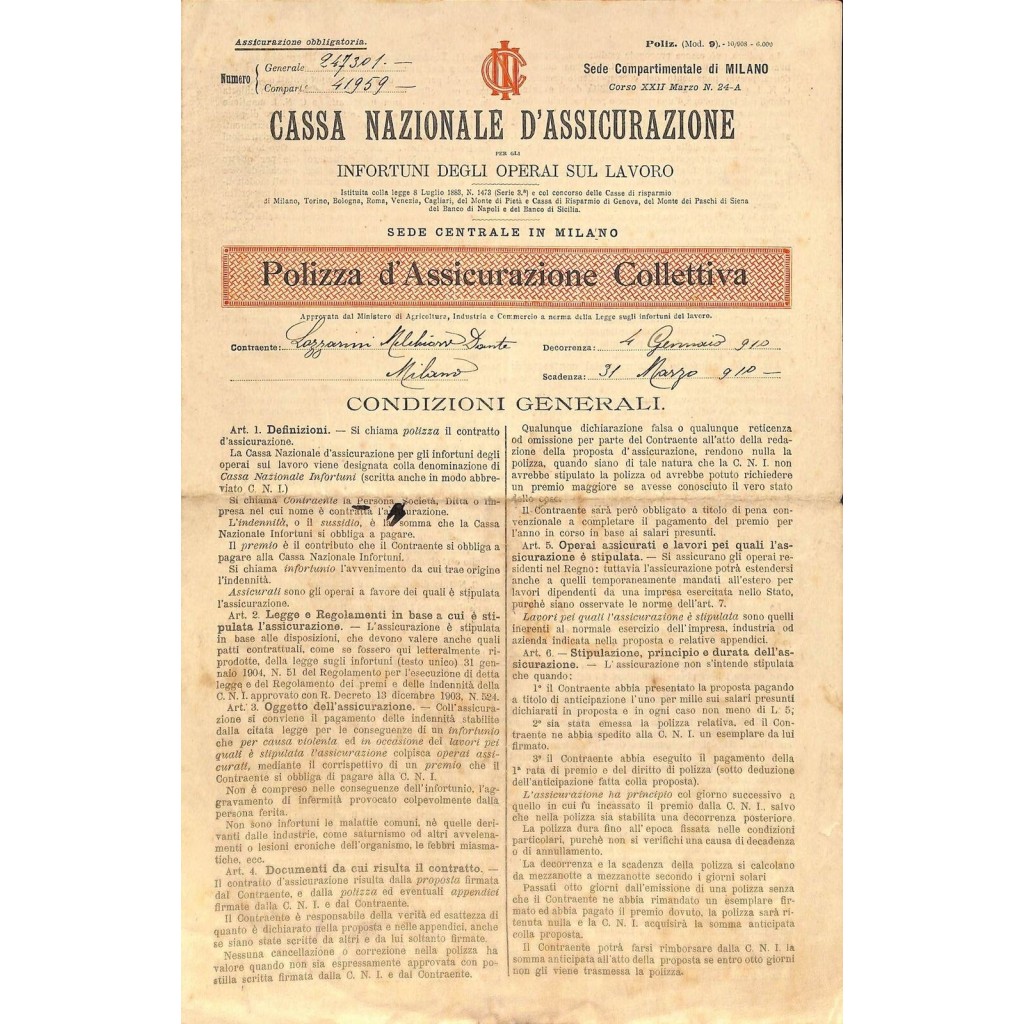 1909 - CASSA NAZIONALE D'ASSICURAZIONE -...