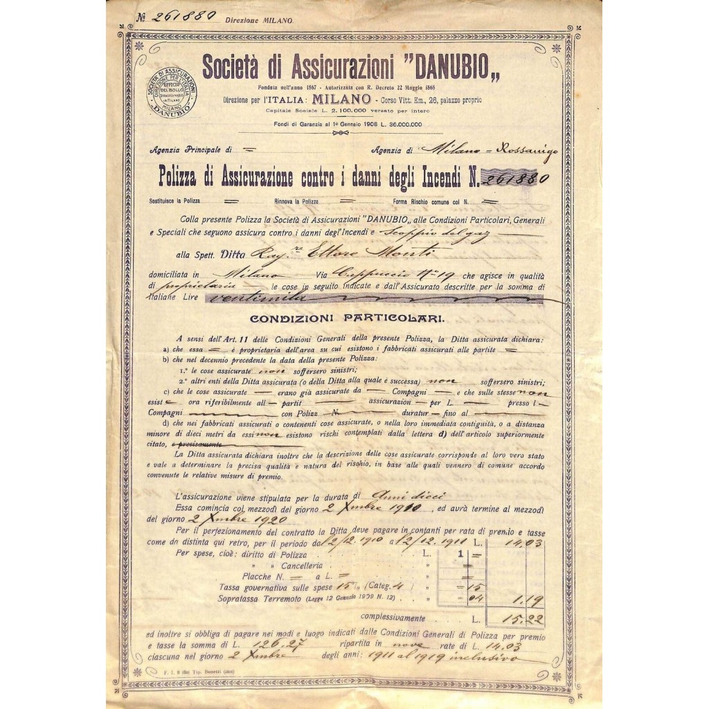 1910 - DANUBIO - SOC. DI ASSICURAZIONI