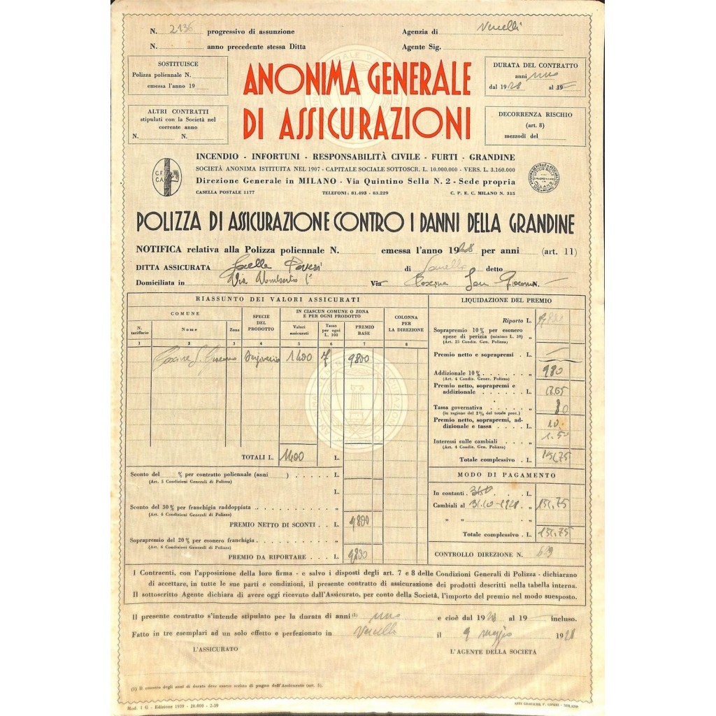 1928 - ANONIMA GENERALE DI ASSICURAZIONI -...