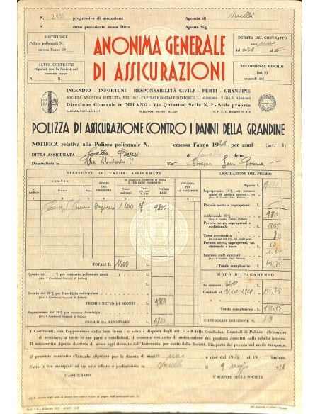 1928 - ANONIMA GENERALE DI ASSICURAZIONI - POLIZZA DI ASSIC. CONTRO I DANNI DELLA GRANDINE
