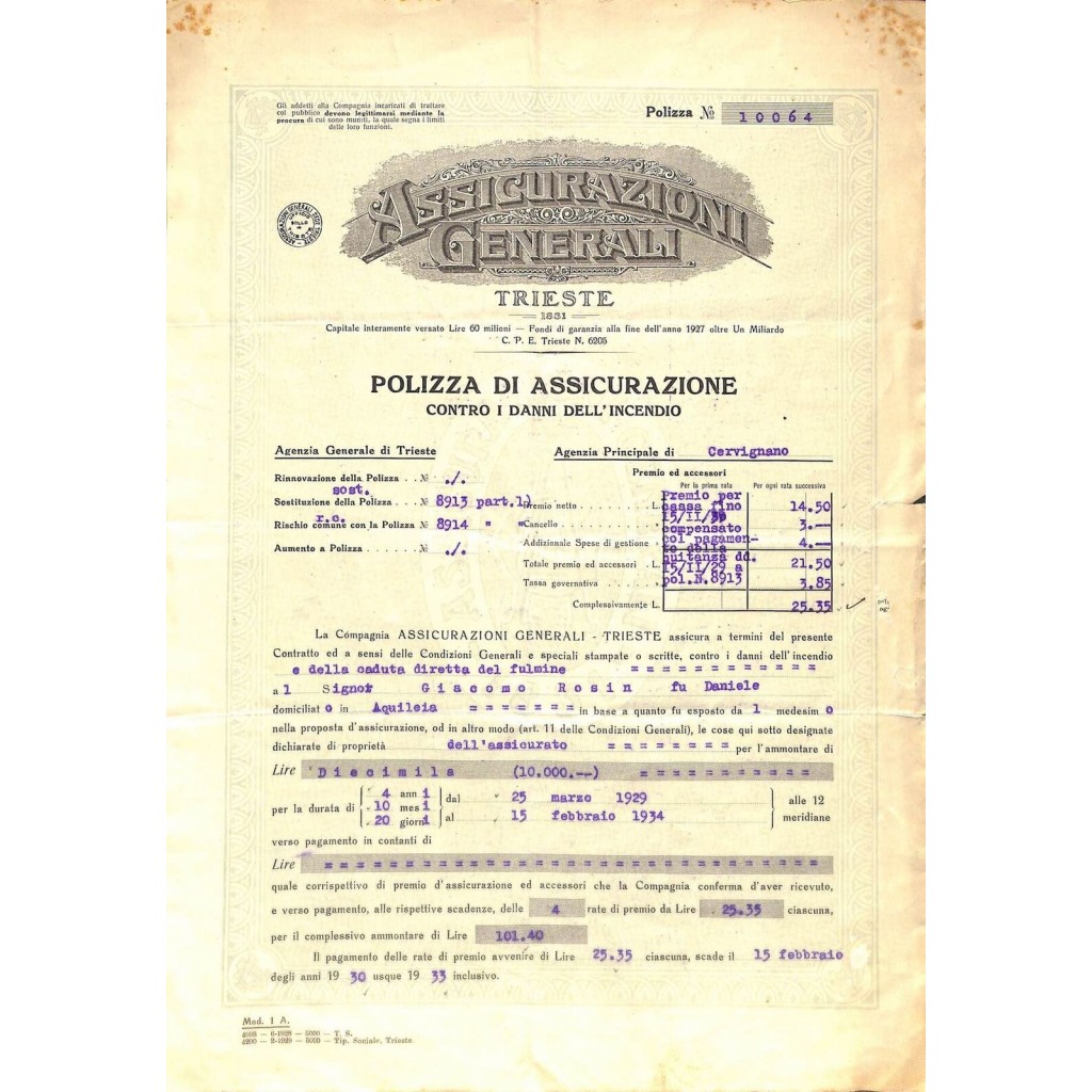1929 - ASSICURAZIONI GENERALI - TRIESTE -...
