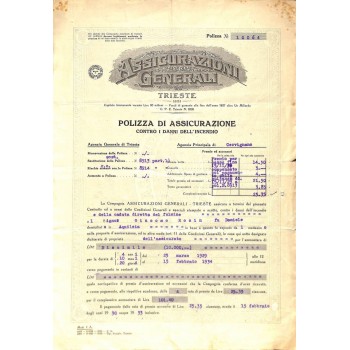 1929 - ASSICURAZIONI GENERALI - TRIESTE - POLIZZA DI ASS. CONTRO I DANNI DELL'INCENDIO