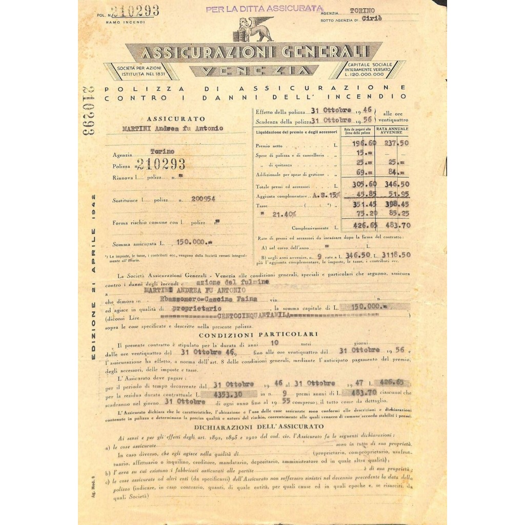 1946 - ASSICURAZIONI GENERALI - VENEZIA -...