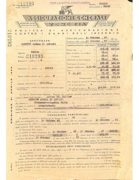 1946 - ASSICURAZIONI GENERALI - VENEZIA - POLIZZA DI ASS. CONTRO I DANNI DELL'INCENDIO