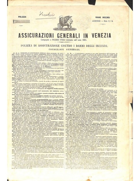 1900 - ASSICURAZIONI GENERALI IN VENEZIA - POLIZZA DI ASS. CONTRO I DANNI DEGLI INCENDI