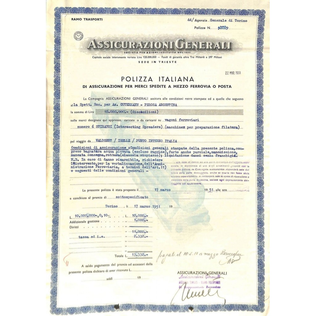 1951 -  ASSICURAZIONI GENERALI - POLIZZA...