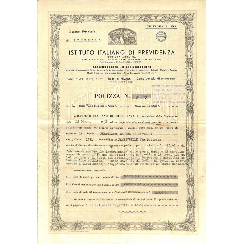 1938 - ISTITUTO ITALIANO DI PREVIDENZA