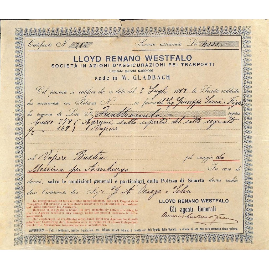 1912 - LLOYD RENANO WESTFALO - SOC. IN AZIONI...