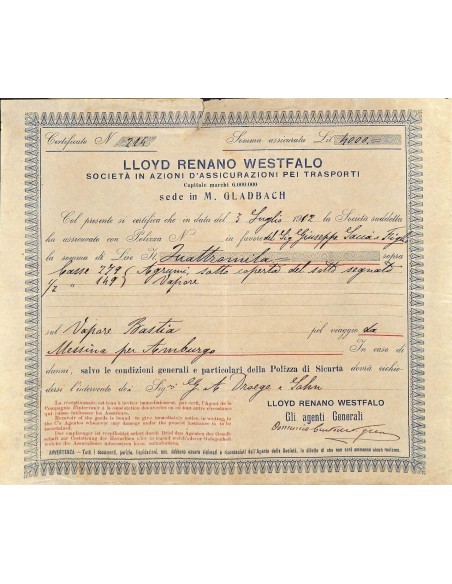 1912 - LLOYD RENANO WESTFALO - SOC. IN AZIONI D'ASSICURAZIONI PEI TRASPORTI