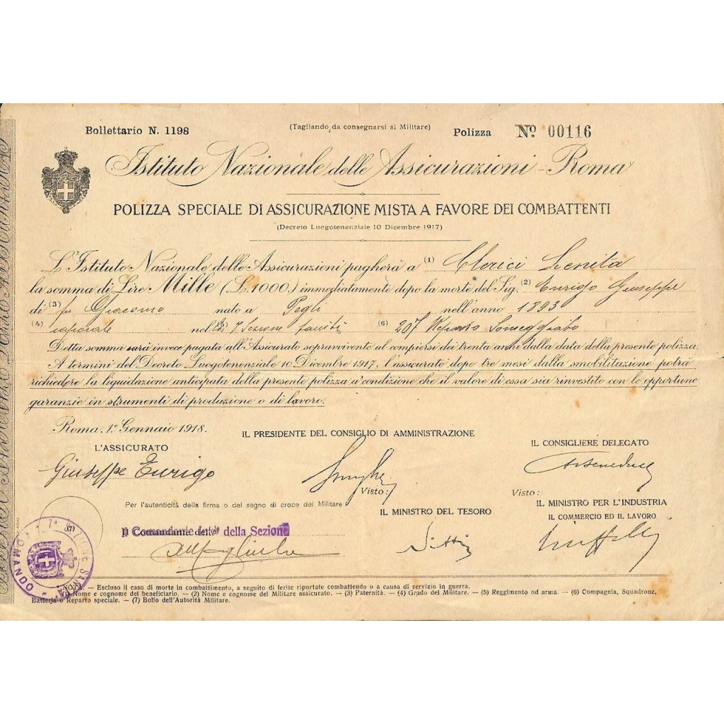 1918 - ISTITUTO NAZIONALE DELLE ASSICURAZIONI - ROMA - POLIZZA A FAVORE DEI COMBATTENTI