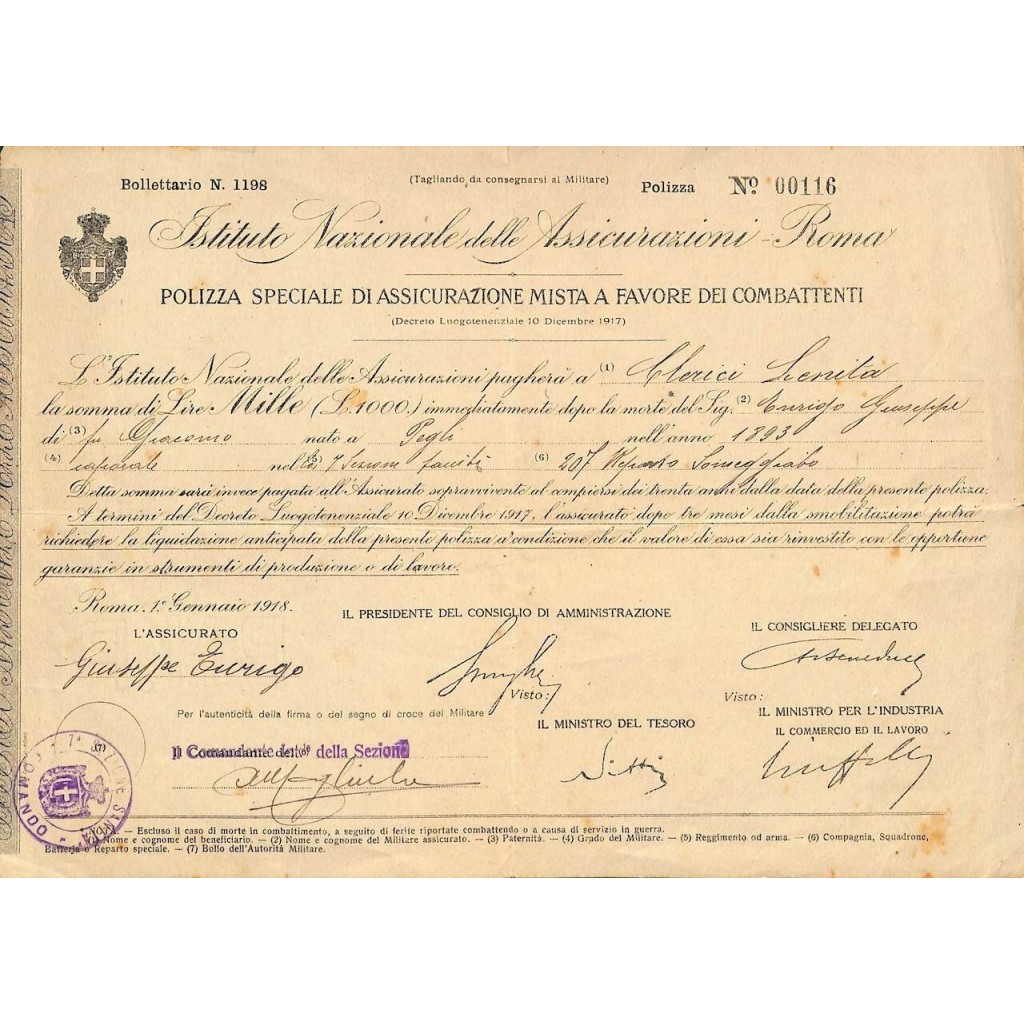 1918 - ISTITUTO NAZIONALE DELLE ASSICURAZIONI -...