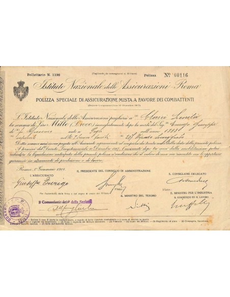 1918 - ISTITUTO NAZIONALE DELLE ASSICURAZIONI - ROMA - POLIZZA A FAVORE DEI COMBATTENTI