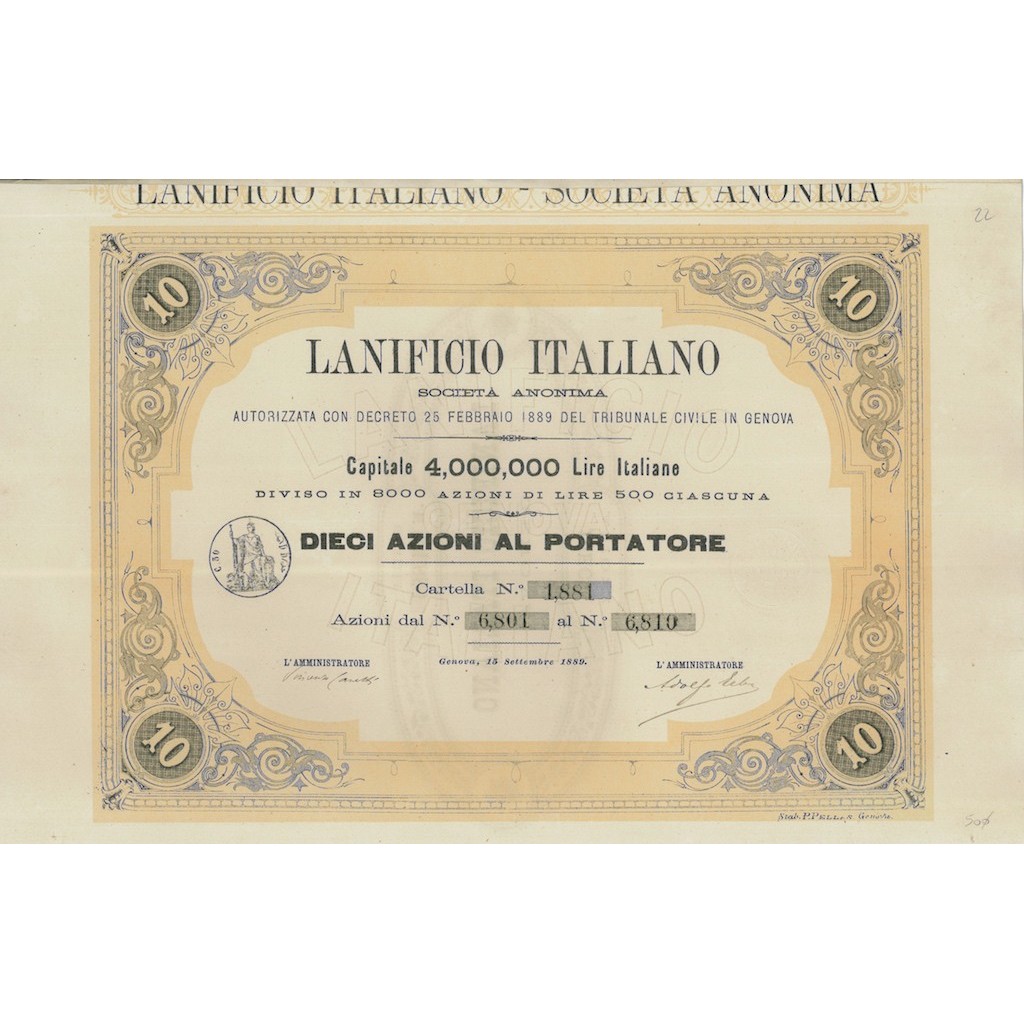 LANIFICIO ITALIANO SOC. ANON. - 10 AZIONI AL PORTATORE GENOVA 1889