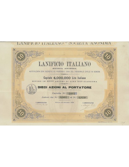LANIFICIO ITALIANO SOC. ANON. - 10 AZIONI AL PORTATORE GENOVA 1889