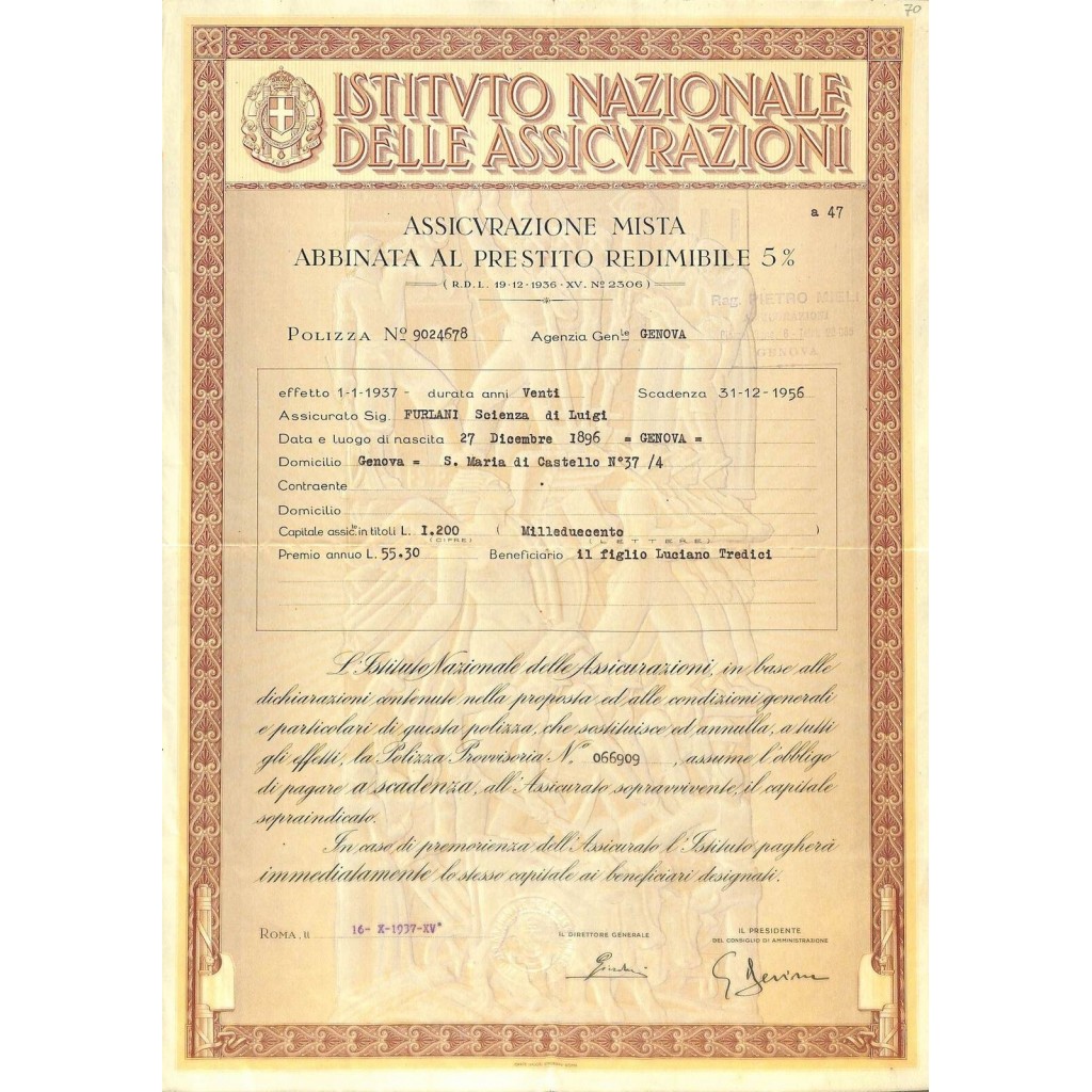 1937 Istituto Nazionale Delle Assicurazioni Assicurazione Mista Abbinata Al Prestito Redimibile 5