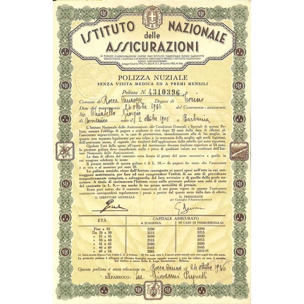 1936 Istituto Nazionale Delle Assicurazioni Polizza Nuziale