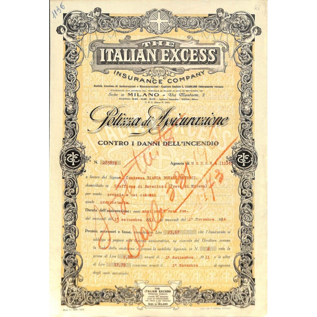 1933 - THE ITALIAN EXCESS INSURANCE COMPANY -...