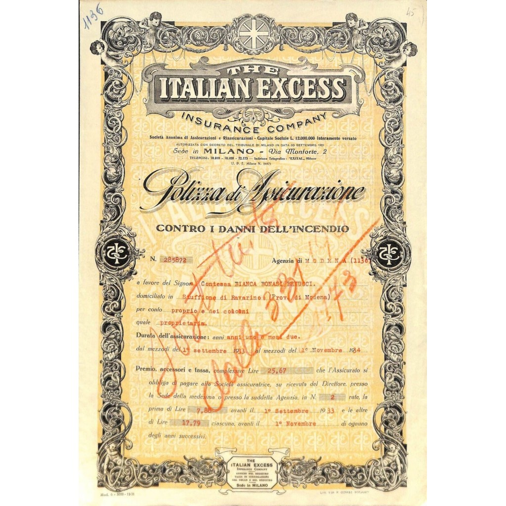 1933 - THE ITALIAN EXCESS INSURANCE COMPANY - POLIZZA DI ASS. CONTRO I DANNI DELL'INCENDIO