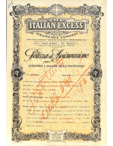 1933 - THE ITALIAN EXCESS INSURANCE COMPANY - POLIZZA DI ASS. CONTRO I DANNI DELL'INCENDIO