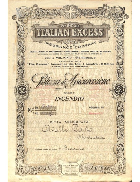 1922 - THE ITALIAN EXCESS INSURANCE COMPANY - POLIZZA DI ASS. CONTRO L'INCENDIO