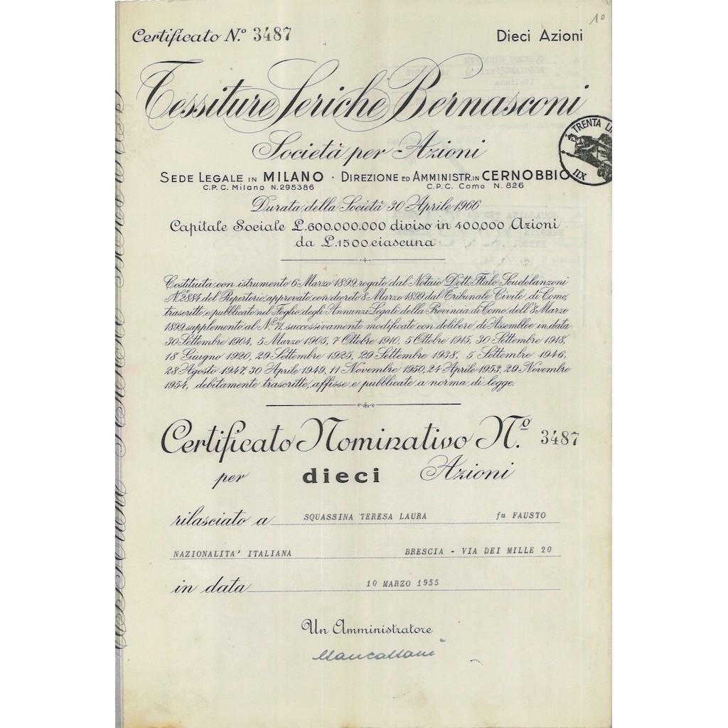 TESSITURA SERICHE BERNASCONI - 10 AZIONI MILANO 1955