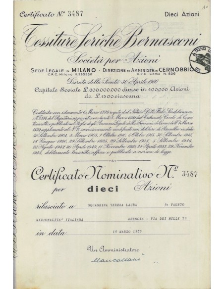 TESSITURA SERICHE BERNASCONI - 10 AZIONI MILANO 1955