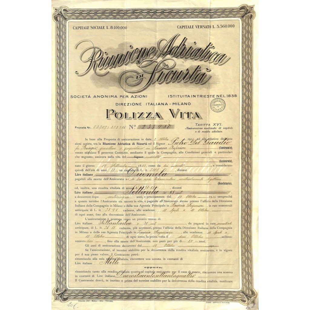 1910 - RIUNIONE ADRIATICA DI SICURTA' - POLIZZA...