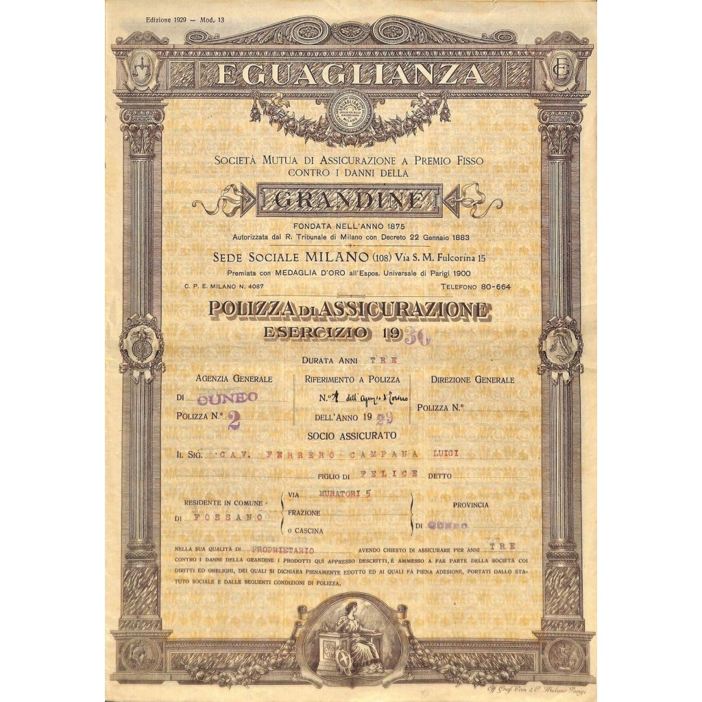 1930 - EGUAGLIANZA - SOC. MUTUA DI ASS. A PREMIO FISSO CONTRO I DANNI DELLA GRANDINE