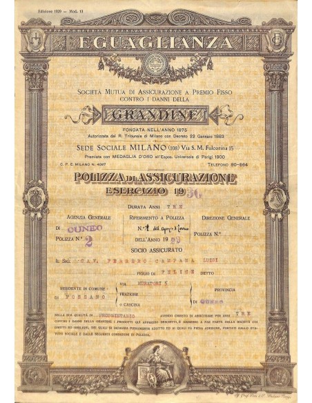 1930 - EGUAGLIANZA - SOC. MUTUA DI ASS. A PREMIO FISSO CONTRO I DANNI DELLA GRANDINE
