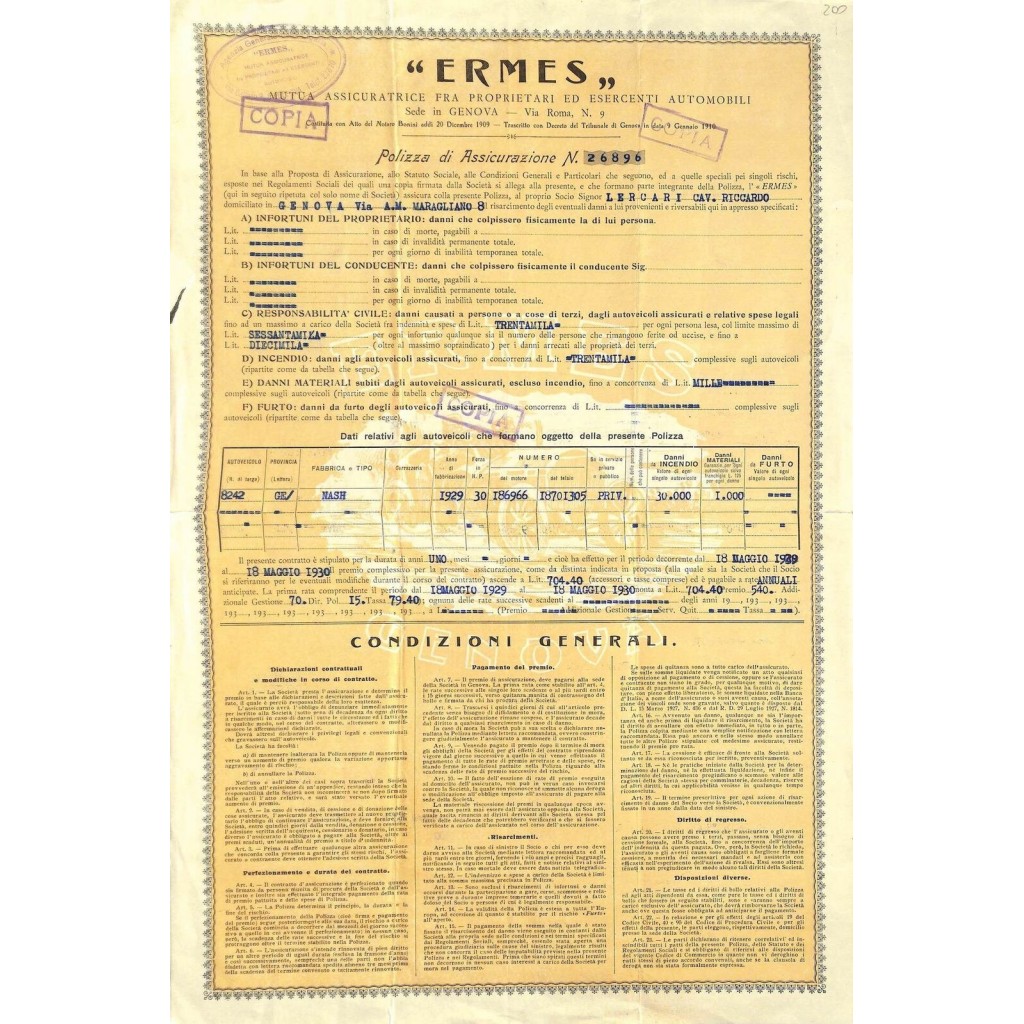 1930 - ERMES - MUTUA ASSICURATRICE FRA...