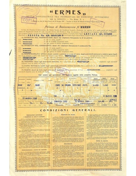 1930 - ERMES - MUTUA ASSICURATRICE FRA PROPRIETARI ED ESERCENTI AUTOMOBILI