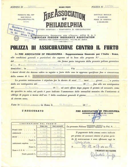 1957 - FIRE ASSOCIATION OF PHILADELPHIA - POLIZZA DI ASS. CONTRO IL FURTO