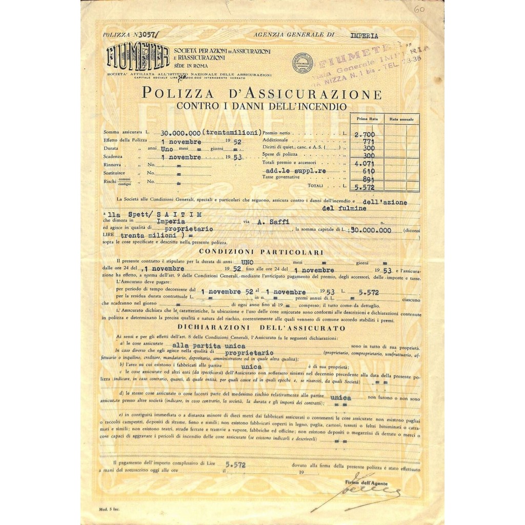 1952 - FIUMETER - SOC. PER AZIONI DI...